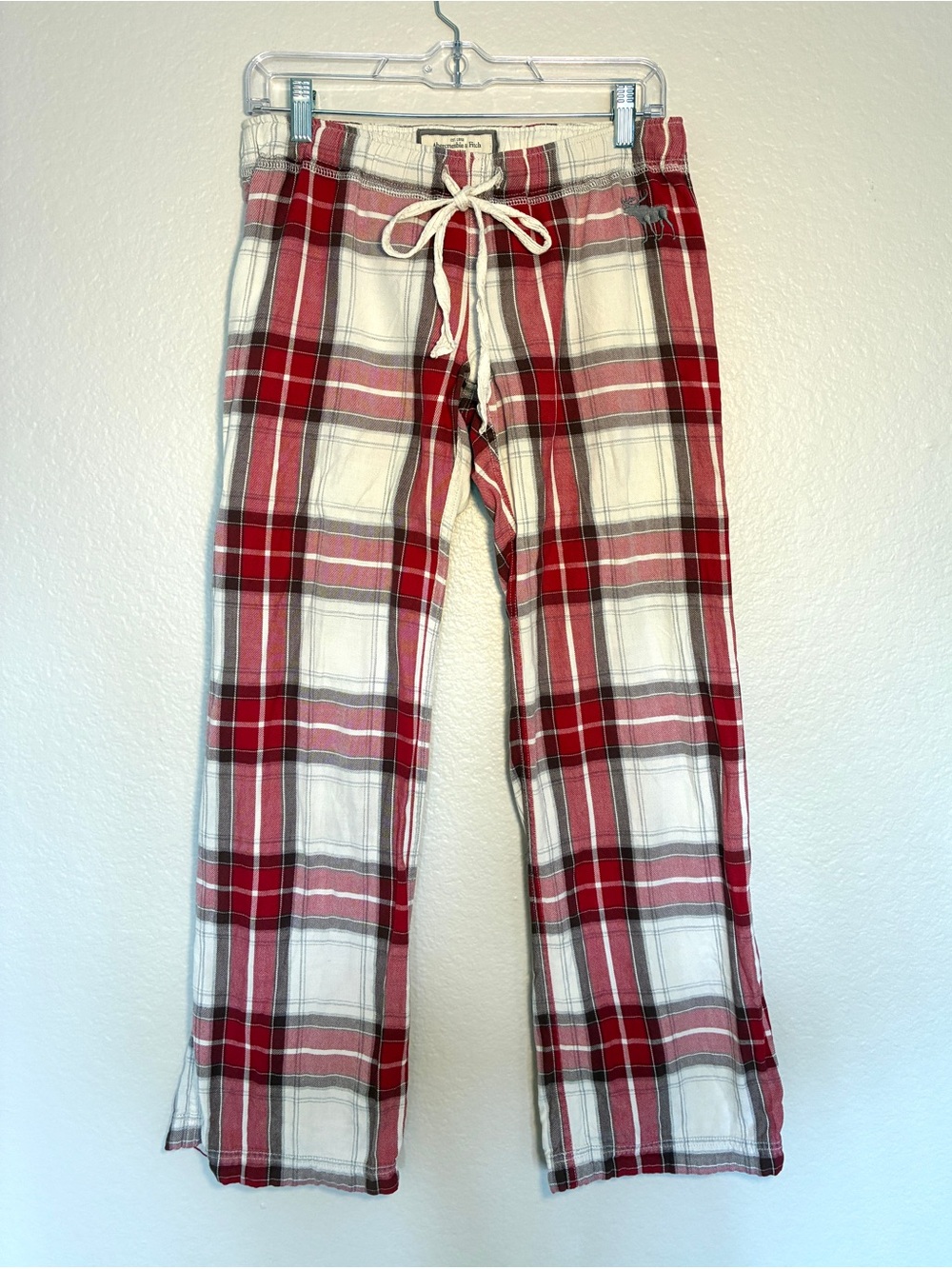 VTG Abercrombie & Fitch 100% Cotton Red/White Moose Logo Plaid Pajama Pants Y2K